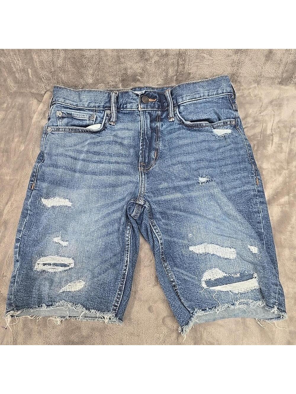 Old Navy Mens Slim Built-In Flex Distressed Denim Shorts Blue Size 32 Raw Hem